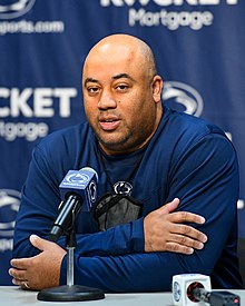 Micah Shrewsberry at a Penn State basketball press conference