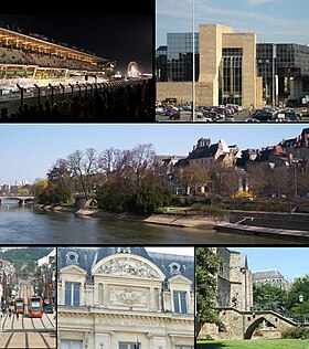 Top row: left, Le Mans 24-hr automobile race in June; right, Le Mans Justice Department Office; Middle row: View of Sarthe River and historic area, including the Palais of Comtes du Maine; Bottom row: left, Le Mans Tramway in Gambetta Street; center, Facade built in Le Mans Commerce Center; right, Saint Julien Cathedral