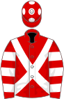 Red, white cross sashes, hooped sleeves, red cap, white spots