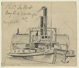 Drawing shows the U.S.S. Ice Boat docked at the Washington Navy Yard in Washington DC on May 23, 1861