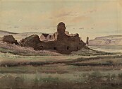 A watercolor painting of a desert pueblo ruin by DeLancey W. Gill.