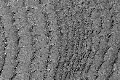 This HiRISE image shows layers running roughly up and down, with faint polygonal fracturing (mostly rectangular).