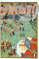 Various Ottoman flags and tughs displayed before the Siege of Szigetvár in 1566
