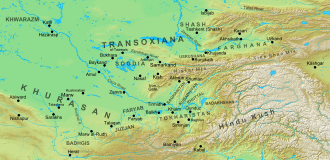 Geophysical map of southern Central Asia with regions and settlements