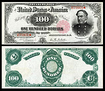 Obverse and reverse of an 1891 one-hundred-dollar Treasury Note
