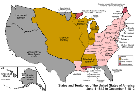 Map of the United States after the creation of the Territory of Missouri on June 4, 1812