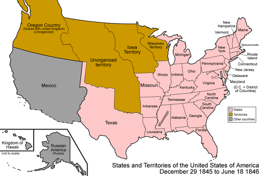 Map of the United States after Texas was admitted to the Union on December 29, 1845