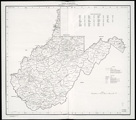 1970 outline map of the state of West Virginia, showing all fifty-five counties, three hundred fifty magisterial districts, and municipalities.