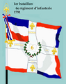1st battalion's colours, adopted after the republicanisation of the army in 1791, the golden lilies of the monarchy still present.