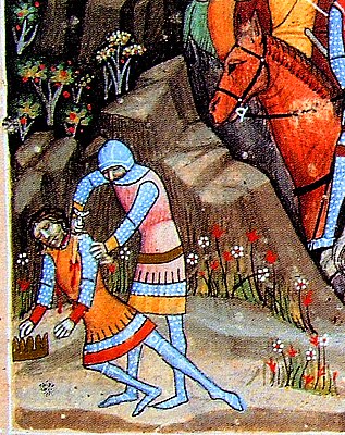 Chronicon Pictum, Hungarian, Hungary, King Samuel Aba, killing, battle of Ménfő, knight, medieval, chronicle, book, illumination, illustration, history