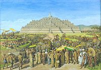 A painting by G.B. Hooijer (c. 1916–1919) reconstructing the scene of Borobudur, during its heyday.