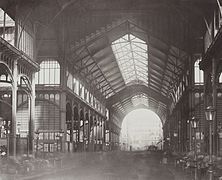 The interior of one of the giant glass and iron pavilions of Les Halles designed by Victor Baltard (1853–1870)