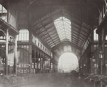 The interior of one of the giant glass and iron pavilions of Les Halles, (1853–70), the central market of Paris, designed by Victor Baltard