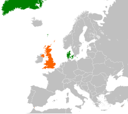 Map indicating locations of Denmark and United Kingdom