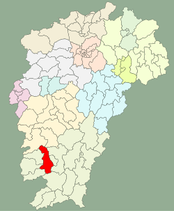 Location of Nankang (red) in Jiangxi. The map includes the towns of Tandong and Tankou, now administered by the neighboring Zhanggong District
