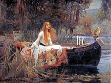 PreRaphaelite oil painting of the Lady of Shallott, finely dressed, on a small boat in a river