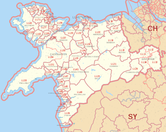 LL postcode area map, showing postcode districts, post towns and neighbouring postcode areas.
