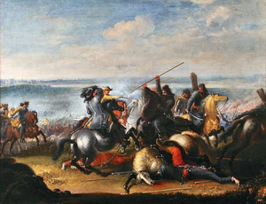Swedish King Charles X Gustav in skirmish with Polish Tatars near Warsaw 1656