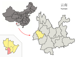 Location of Longling County (pink) and Baoshan City (yellow) within Yunnan