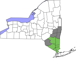 Counties usually (green) and sometimes (gray) considered to be a part of the Hudson Valley region[a]