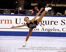 Michelle Kwan performing her signature spiral at the 2002 U.S. Figure Skating Championships