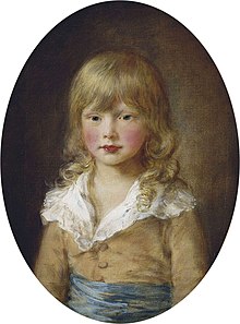Portrait of Prince Octavius as a young boy in 1782, by Thomas Gainsborough. He is depicted with long, flowing blonde hair and a yellow and blue shirt.