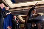 President Barack Obama speaks at a campaign rally for gubernatorial candidate Creigh Deeds, left, in Tyson's Corner Va., on Aug. 6, 2009. Current Virginia Gov. Tim Kaine is at right in background.