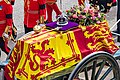 The crown on Elizabeth II's coffin, with the Sovereign's Sceptre and Orb during her state funeral in September 2022