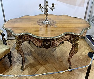 Table; 2nd half of the 19th century; Boulle marquetry; unknown dimensions; in a temporary exhibition called "Dress Code Parfum de Secol XIX" at the Suțu Palace, Bucharest, Romania