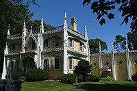 Wedding Cake House (Kennebunk, Maine). Example of a house built in an older style modified in the Carpenter Gothic style in the mid-1800s.