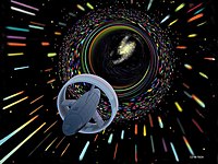 Wormhole travel as envisioned by Les Bossinas for NASA. Traversable wormholes might allow time travel, with some limitations. Image appears on the 'Related Portals' tab of the Science Portal, as well as in the wormhole article.
