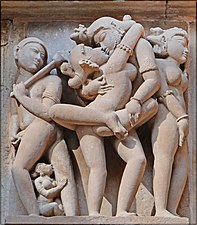 Erotic art of Khajuraho temples in India, dated to the 10th century
