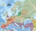 Kingdom of the Suebi (409-585 AD), Visigothic Kingdom (418-721 AD), Francia (481-843 AD), Byzantine Empire (286/395–1453 AD) and Sasanian Empire (224–651 AD) in 565 AD.