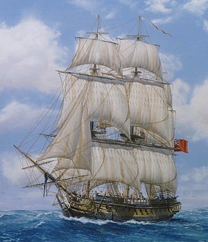 Detail from the painting by Bristol artist Chris Woodhouse of the 36-gun Bristol-built frigate HMS "Melampus", commissioned and purchased in 1990 by Bristol City Museum