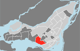 Location of Lachine on the Island of Montreal. (Grey areas indicate demerged municipalities).