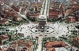 A colourised aerial photograph of the Place de l'Étoile in 1921