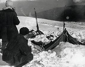 The destroyed tent belonging to those who perished in the Dyatlov Pass incident, 1959 (Russian SFSR, Soviet Union)