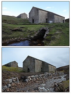 before and after shots of a stone built barn by a beck, showing the scour differences and damage caused by the flood