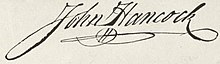 The handwriting of Hancock's signature, which slants slightly to the right, is firm and legible. The final letter loops back to underline his name in a flourish.