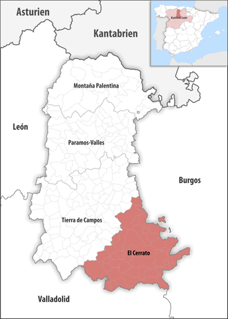 Die Lage der Comarca El Cerrato in der Provinz Palencia