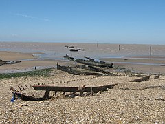 Remains of piles and wrecked boats at Royal Oak Point, East End.