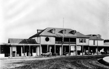 The Lugo Adobe (built 1840s, demolished 1950s) long anchored the east side of the Plaza
