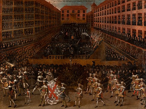 Auto de fé celebrated in the 17th century in a large Spanish public square, Escuela madrileña, 1656