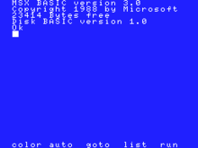 A blue screen with white text: "MSX BASIC version 3.0 / Copyright 1988 by Microsoft / 23414 Bytes free / Disk BASIC version 1.0 / Ok" and a square representing the cursor. On the bottom line, "color auto goto list run".