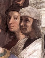 Self-portrait, Raphael in the background, from The School of Athens