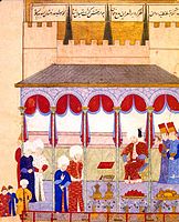 Sultan Selim II receiving Seyyid Lokman and Grand Vizier Sokollu Mehmed Pasha in the Edirne Palace, from the Şahname-ı Selim Han