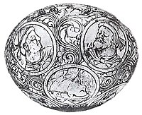 Bactrian types on a silver gilt bowl, 6th c. CE. British Museum.[11][12]