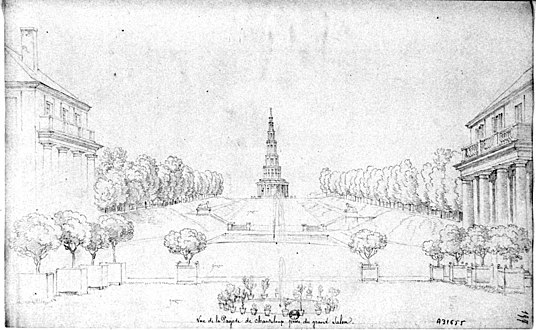 View of the pagoda from the grand salon of the château (undated drawing from the Bibliothèque nationale de France)[38]