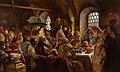 Image 14 A Boyar Wedding Feast Painting credit: Konstantin Makovsky A Boyar Wedding Feast is an oil-on-canvas painting created by Russian artist Konstantin Makovsky in 1883. The boyars were members of the highest rank of the feudal aristocracy of Russia in the 16th and 17th centuries, and a wedding was an important social event. In this painting, the guests are depicted toasting a newlywed couple. They stand at the head of the table, where the groom sees his bride without her veil for the first time; she appears timid and bashful as the men toast for the first kiss. Behind the couple, the Lady of Ceremony gently urges on the bride. A roasted swan is being brought in on a large platter, the last dish to be served before the couple retires to the bedroom. The work is in the collection of the Hillwood Estate, Museum & Gardens, in Washington, D.C. More selected pictures