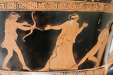 Apollo holding his bow, Leto and Tityos.